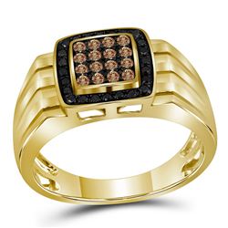 Mens Round Brown Black Color Enhanced Diamond Square Cluster Band Ring 1/2 Cttw 10kt Yellow Gold