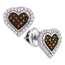 Round Brown Diamond Heart Cluster Earrings 1/4 Cttw 10kt White Gold