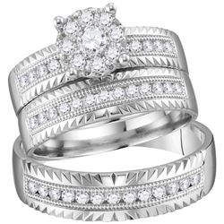 His & Hers Diamond Cluster Matching Bridal Wedding Ring Band Set 3/4 Cttw 14kt White Gold