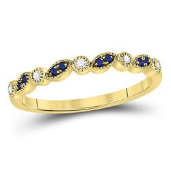 Round Blue Sapphire Diamond Stackable Band Ring 1/10 Cttw 10kt Yellow Gold