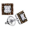Image 1 : Round Brown Diamond Square Cluster Earrings 1/3 Cttw 10kt White Gold