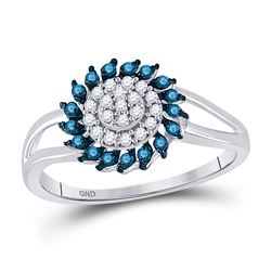 Round Blue Color Enhanced Diamond Circle Frame Cluster Ring 1/4 Cttw 10kt White Gold
