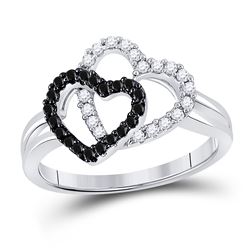 Round Black Color Enhanced Diamond Double Heart Ring 1/3 Cttw 14kt White Gold