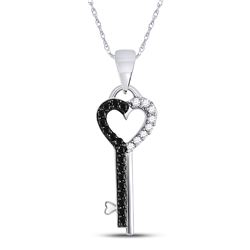 Round Black Color Enhanced Diamond Key Heart Pendant 1/8 Cttw 10kt White Gold