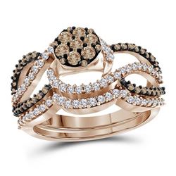 Round Brown Diamond Cluster Bridal Wedding Engagement Ring Band Set 1.00 Cttw 10kt Rose Gold