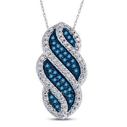 Round Blue Color Enhanced Diamond Striped Vertical Pendant 1/10 Cttw 10kt White Gold