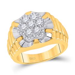 Mens Diamond Flower Cluster Ribbed Ring 1.00 Cttw 10kt Two-tone Yellow White Gold