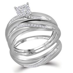 His & Hers Diamond Cluster Matching Bridal Wedding Ring Band Set 1/5 Cttw 10kt White Gold