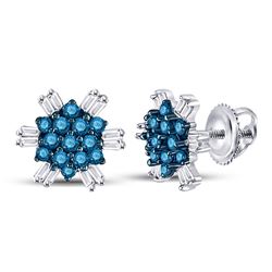 Round Blue Color Enhanced Diamond Cluster Screwback Earrings 1/2 Cttw 10kt White Gold