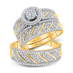 His & Hers Diamond Cluster Matching Bridal Wedding Ring Band Set 1.00 Cttw 10kt Yellow Gold