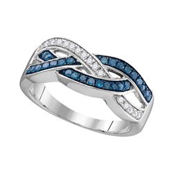 Round Blue Color Enhanced Diamond Crossover Band Ring 1/3 Cttw 10kt White Gold