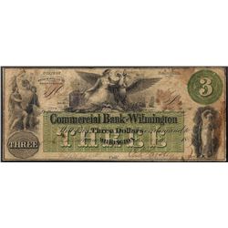 1859 $3 Commercial Bank Of Wilmington, NC Obsolete Bank Note