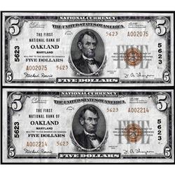 Lot of (2) 1929 $5 First NB in Oakland, Maryland CH# 5623 National Currency Notes