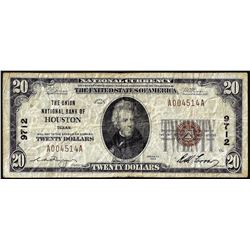 1929 $20 The Union National Bank of Houston, Texas CH# 9712 National Currency Note