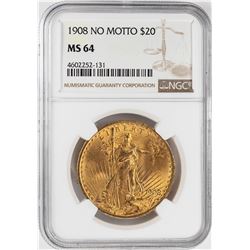 1908 No Motto $20 St. Gaudens Double Eagle Gold Coin NGC MS64