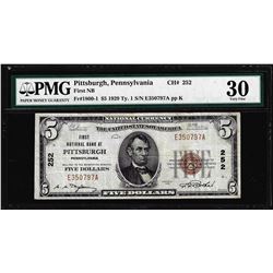 1929 $5 First NB Pittsburgh, PA CH#252 National Currency Note PMG Very Fine 30