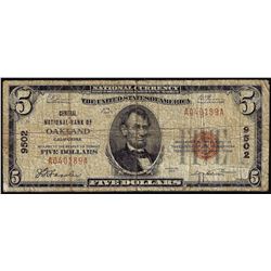 1929 $5 Central National Bank of Oakland, CA CH# 9502 National Currency Note
