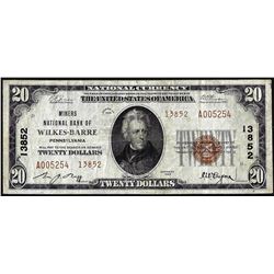 1929 $20 Miners NB Wilkes-Barre, PA CH# 13852 National Currency Note