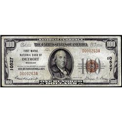 1929 $100 NB of Detroit, MI CH# 10527 National Currency Note 3 Digit Serial Number