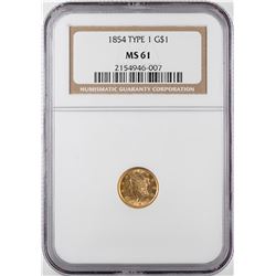 1854 Type 1 $1 Liberty Head Gold Dollar Coin NGC MS61