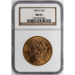 1894-S $20 Liberty Head Double Eagle Gold Coin NGC MS63
