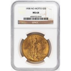 1908 No Motto $20 St. Gaudens Double Eagle Gold Coin NGC MS64