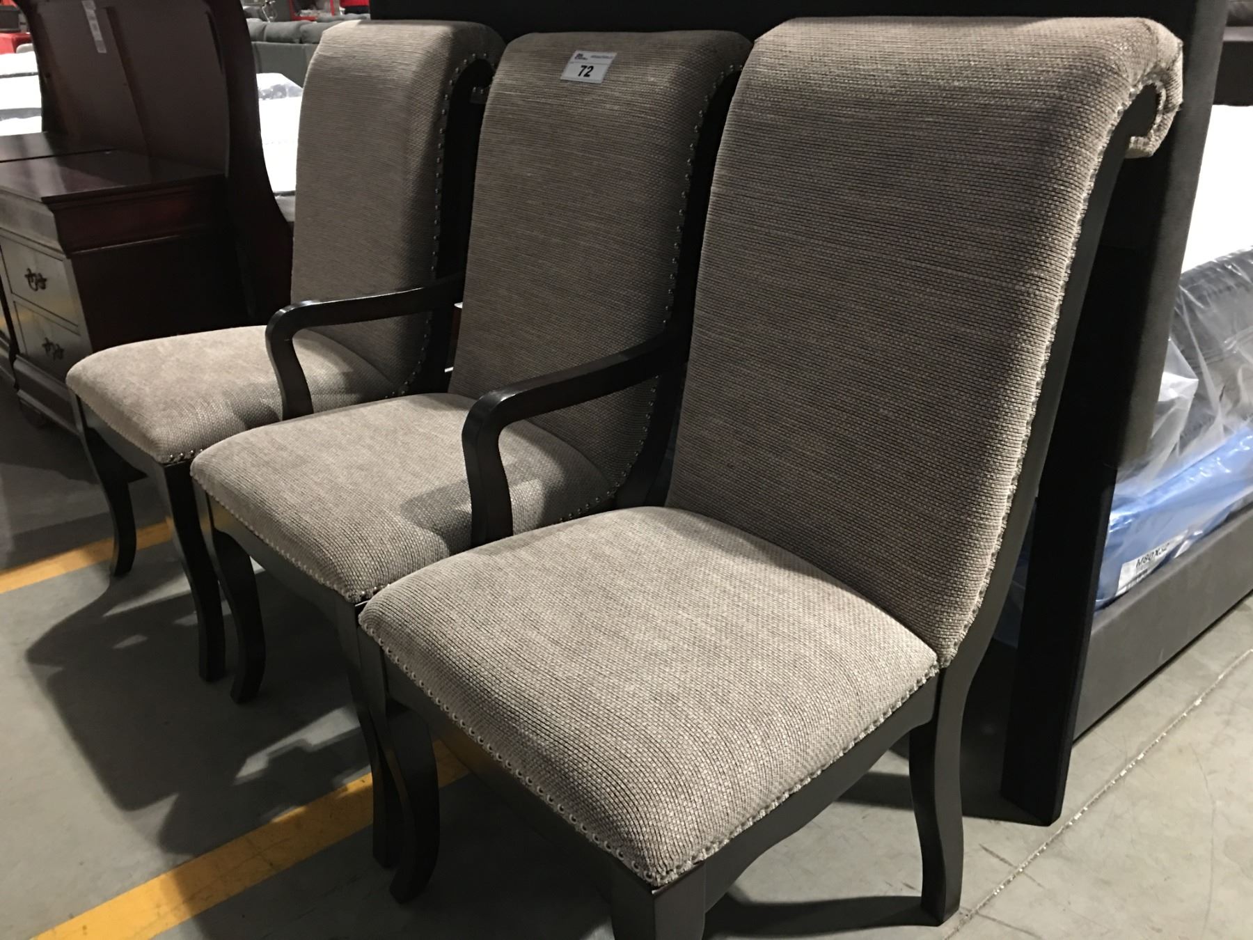 3 BEIGE UPHOLSTERED DINING ROOM CHAIRS WITH DARK WOOD LEGS - Able Auctions