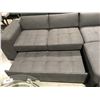 Image 2 : GREY UPHOLSTERED "L" SHAPED SOFA SET WITH OTTOMAN WITH PULL OUT BED & 2 SIDE STOOLS (NO MATTRESS &