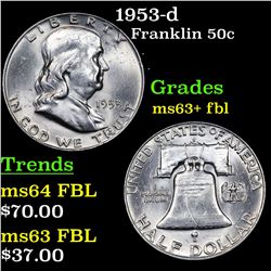 1953-d Franklin Half Dollar 50c Grades Select Unc+ FBL