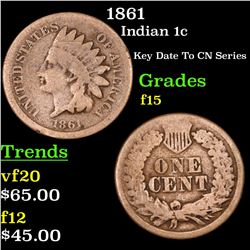 1861 Indian Cent 1c Grades f+