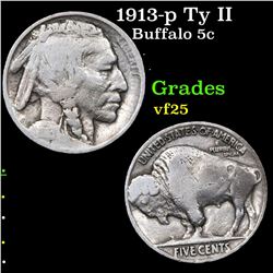 1913-p Ty II Buffalo Nickel 5c Grades vf+