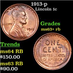1913-p Lincoln Cent 1c Grades Select+ Unc RB