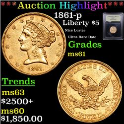 ***Auction Highlight*** 1861-p Gold Liberty Half Eagle $5 Graded BU+ By USCG (fc)