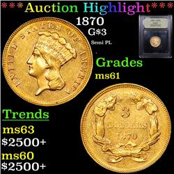 ***Auction Highlight*** 1870 Three Dollar Gold 3 Graded BU+ By USCG (fc)