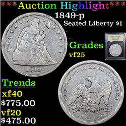 ***Auction Highlight*** 1849-p Seated Liberty Dollar $1 Graded vf+ By USCG (fc)