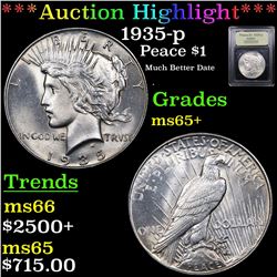 ***Auction Highlight*** 1935-p Peace Dollar $1 Graded GEM+ Unc By USCG (fc)