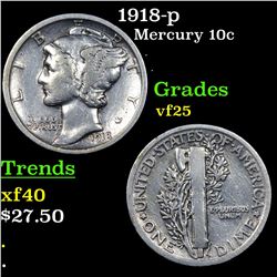 1918-p Mercury Dime 10c Grades vf+