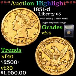 ***Auction Highlight*** 1851-d Gold Liberty Half Eagle $5 Graded vf+ By USCG (fc)