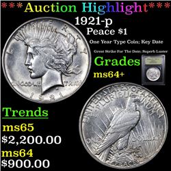***Auction Highlight*** 1921-p Peace Dollar $1 Graded Choice+ Unc By USCG (fc)