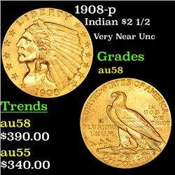 1908-p Gold Indian Quarter Eagle $2 1/2 Grades Choice AU/BU Slider