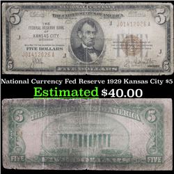 National Currency Fed Reserve 1929 Kansas City $5 Currency Grades vg+