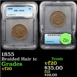 1855 Braided Hair Large Cent 1c Graded vf20 By ICG