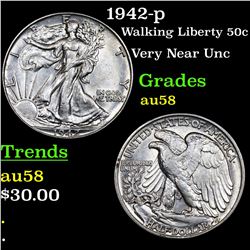 1942-p Walking Liberty Half Dollar 50c Grades Choice AU/BU Slider
