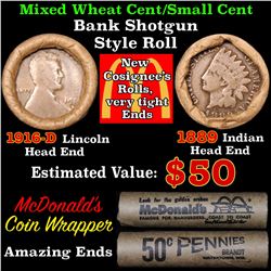 Mixed small cents 1c orig shotgun roll, 1916-d Wheat Cent, 1889 Indian Cent other end
