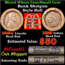 Mixed small cents 1c orig shotgun roll, 1919-s Wheat Cent, 1899 Indian Cent other end