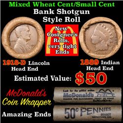 Mixed small cents 1c orig shotgun roll, 1918-d Wheat Cent, 1889 Indian Cent other end