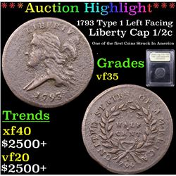 ***Auction Highlight*** 1793 Type 1 Left Facing Liberty Cap Half Cent 1/2 1c Graded vf++ By USCG (fc
