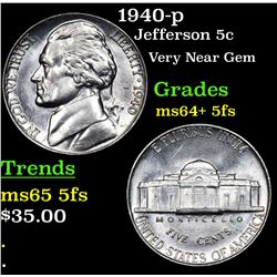 1940-p Jefferson Nickel 5c Grades Choice Unc+ 5fs