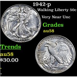 1942-p Walking Liberty Half Dollar 50c Grades Choice AU/BU Slider