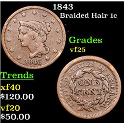1843 Braided Hair Large Cent 1c Grades vf+